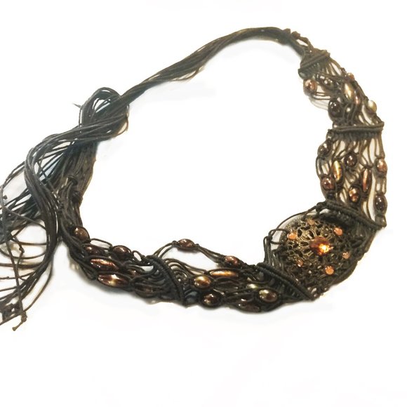 Vintage 1970's Brown Macrame Tie Belt With Glass Beads & Faux Amber Stones - Picture 7 of 11